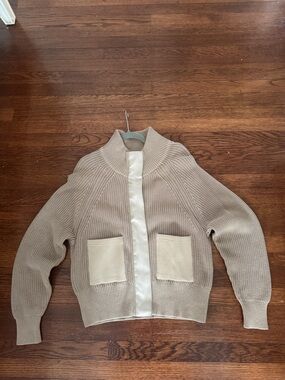Varley Beige Rib-Knit Zip Cardigan with Cream Pocket Panels